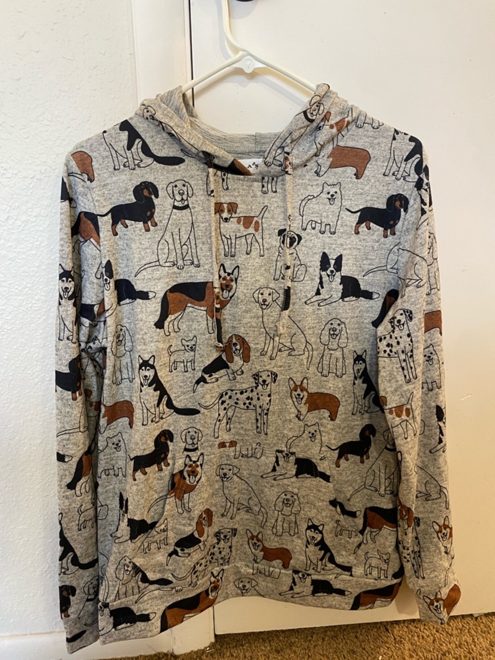 Grey Dog Print Hooded Pullover Sweatshirt